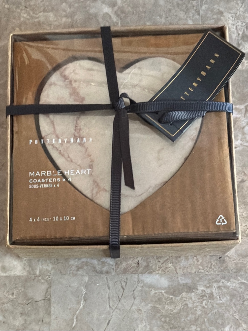 Pottery Barn Marble Heart Coaster Set - White with Pink Veining